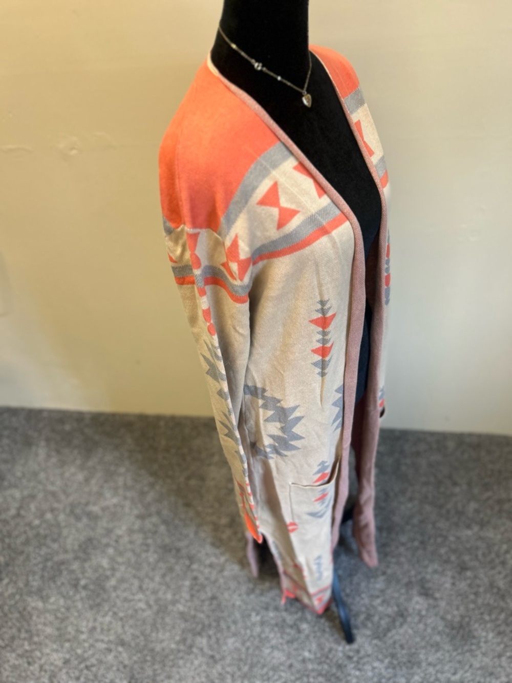 Open-Front Aztec Long Cardigan Sweater - Coral & Beige - Picture 2 of 7